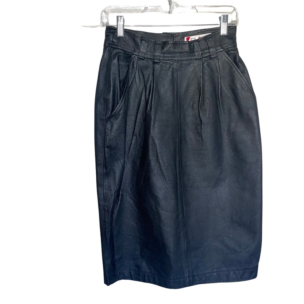 Chaus Vtg 100% Genuine Leather Black Pencil Skirt Sz 8